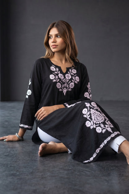 Nargis Chikankari White Embroidered Long Kurta - Black - Famous Chikankari