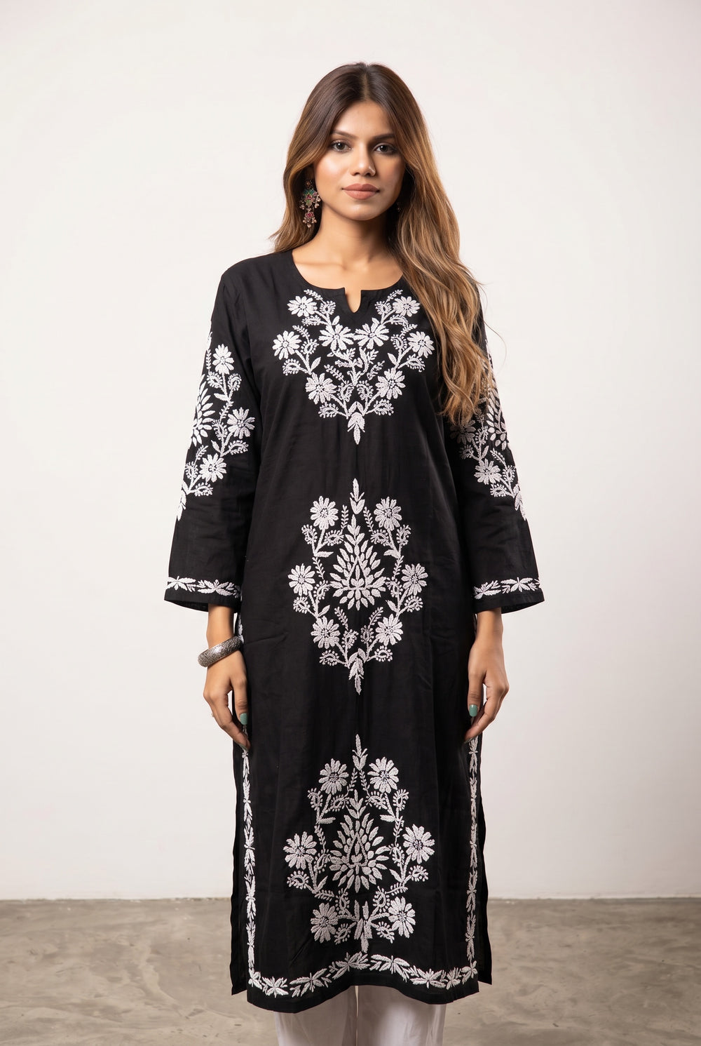 Nargis Chikankari White Embroidered Long Kurta - Black - Famous Chikankari