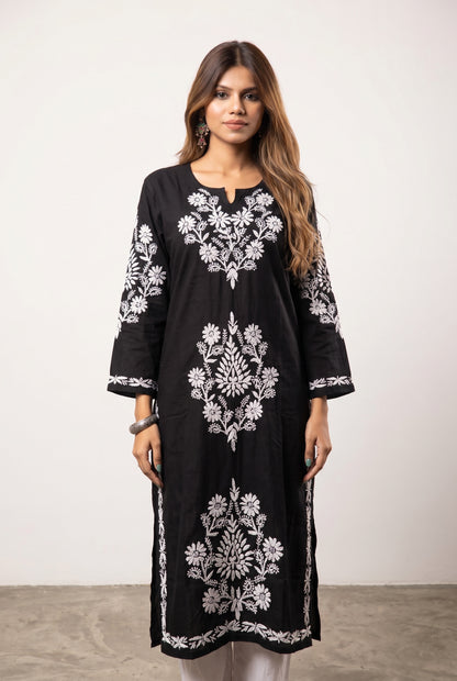 Nargis Chikankari White Embroidered Long Kurta - Black - Famous Chikankari