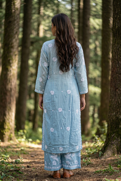 Rosy Muslin Chikankari Kurti Plazo Sets - Famous Chikankari