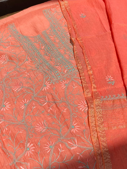 Peach Chikankari Jaalwork Mul Chanderi Unstiched Dress - Famous Chikankari