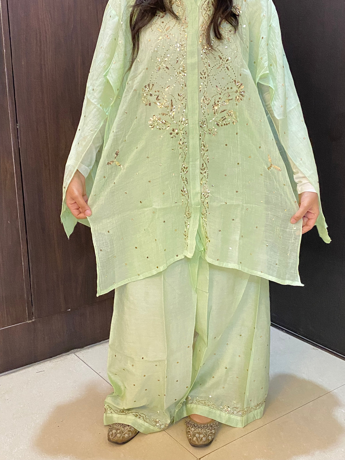 Roohani Pittawork Mukaish Semi Stiched Coord Set - Famous Chikankari