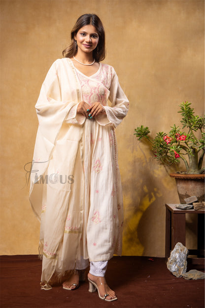 The Haseena Gown | Beige Elegant Chikankari Semi-Stitched Angarkha With Dupatta