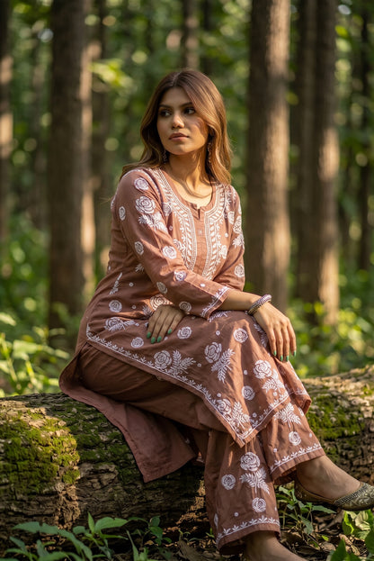 Rosy Muslin Chikankari Kurti Plazo Sets - Famous Chikankari