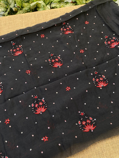 Black Mul Chanderi Chikankari Unstitched Dress Material - Famous Chikankari