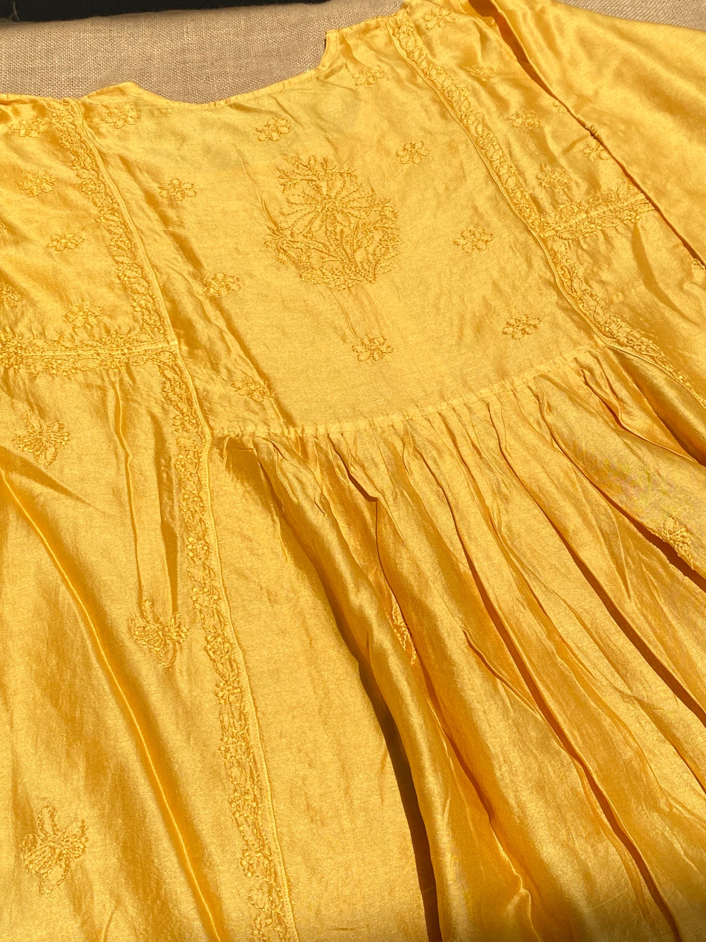 Sunehri – Mul Chanderi Mustard Handcrafted Chikankari Gown Set