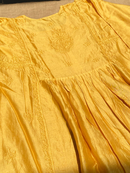 Sunehri – Mul Chanderi Mustard Handcrafted Chikankari Gown Set - Famous Chikankari