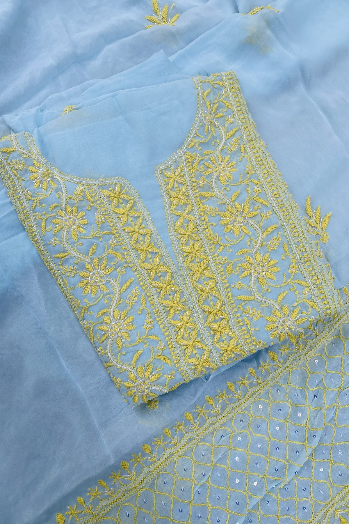 Areeba Powder Blue Chikankari Unstitched Kurta Dupatta