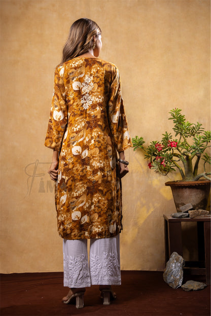 Queens Gold Print Chikankari Kurta with Beige Embroidery|Mustard