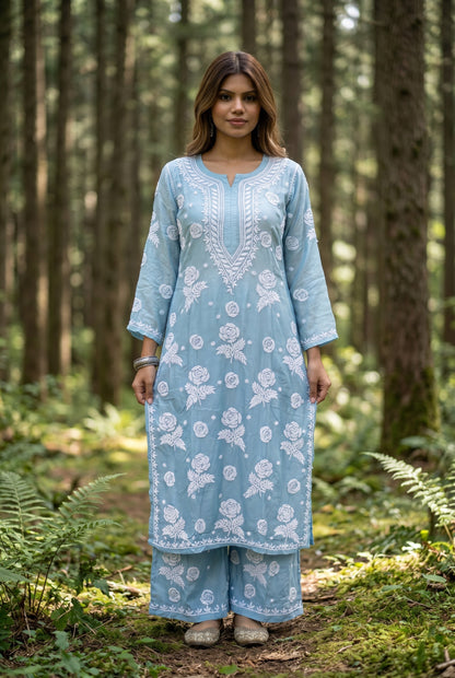Rosy Muslin Chikankari Kurti Plazo Sets - Famous Chikankari