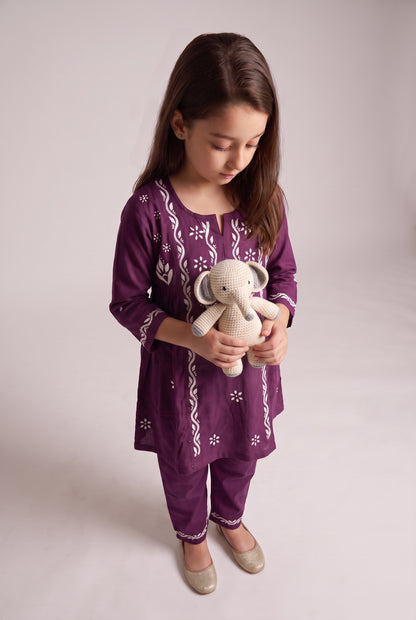 Little Jasmin - Dark Wine Chikankari Side Pleated Kidswear Set