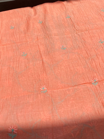 Peach Chikankari Jaalwork Mul Chanderi Unstiched Dress - Famous Chikankari