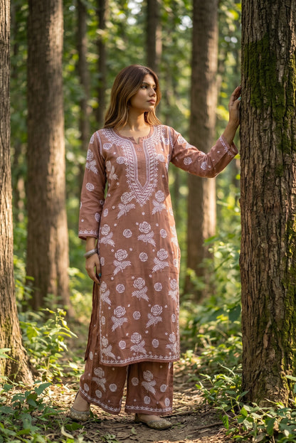 Rosy Muslin Chikankari Kurti Plazo Sets - Famous Chikankari