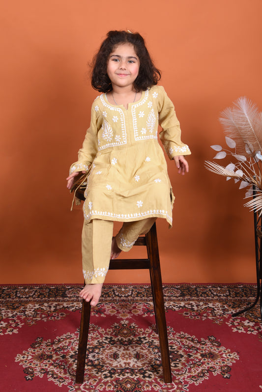 Elegant Girls' Beige Naira Suit with Hand Chikankari