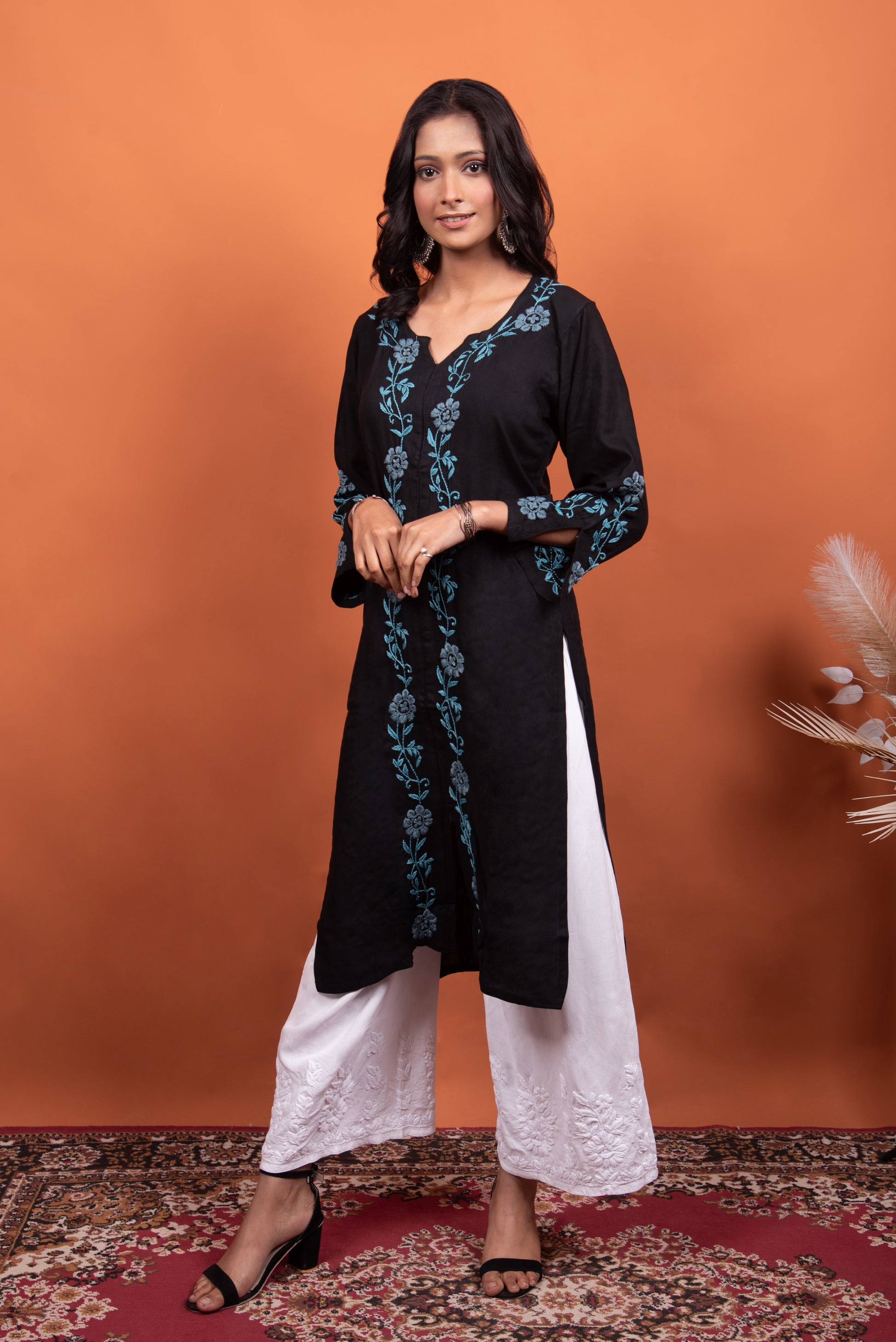 Black Chikankari kurti long in blue embroidery