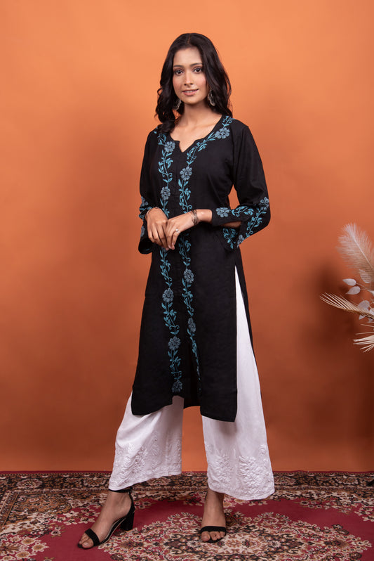 Black Chikankari kurti long in blue embroidery