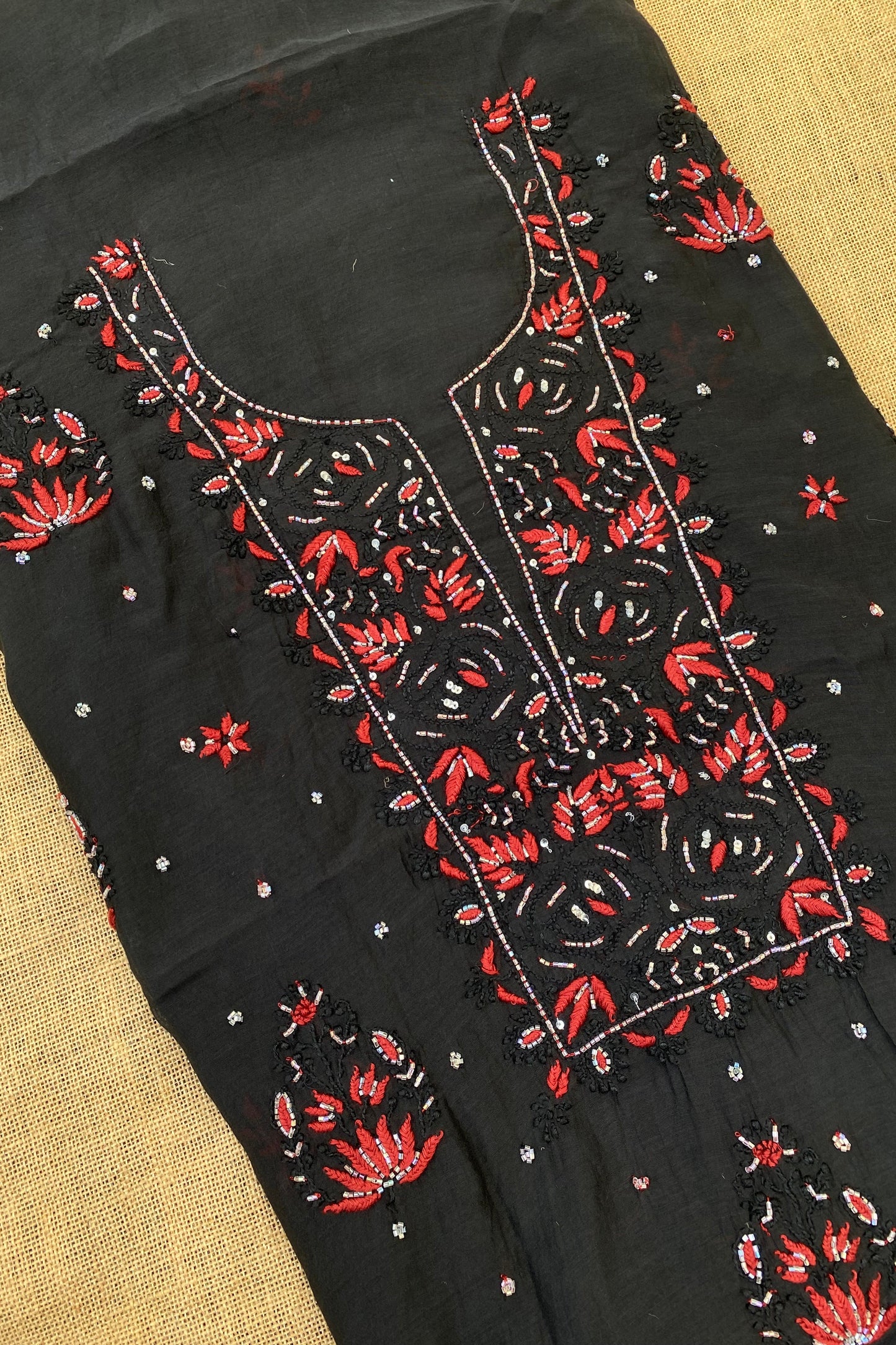 Black Mul Chanderi Chikankari Unstitched Dress Material - Famous Chikankari