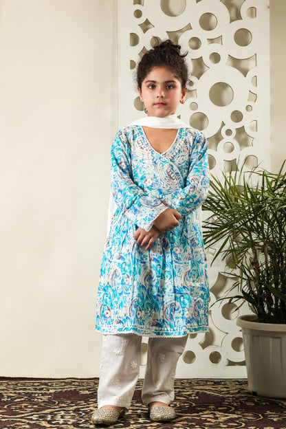 Fiza Angarkha Mul Print Kids Chikankari Set - Blue - Famous Chikankari