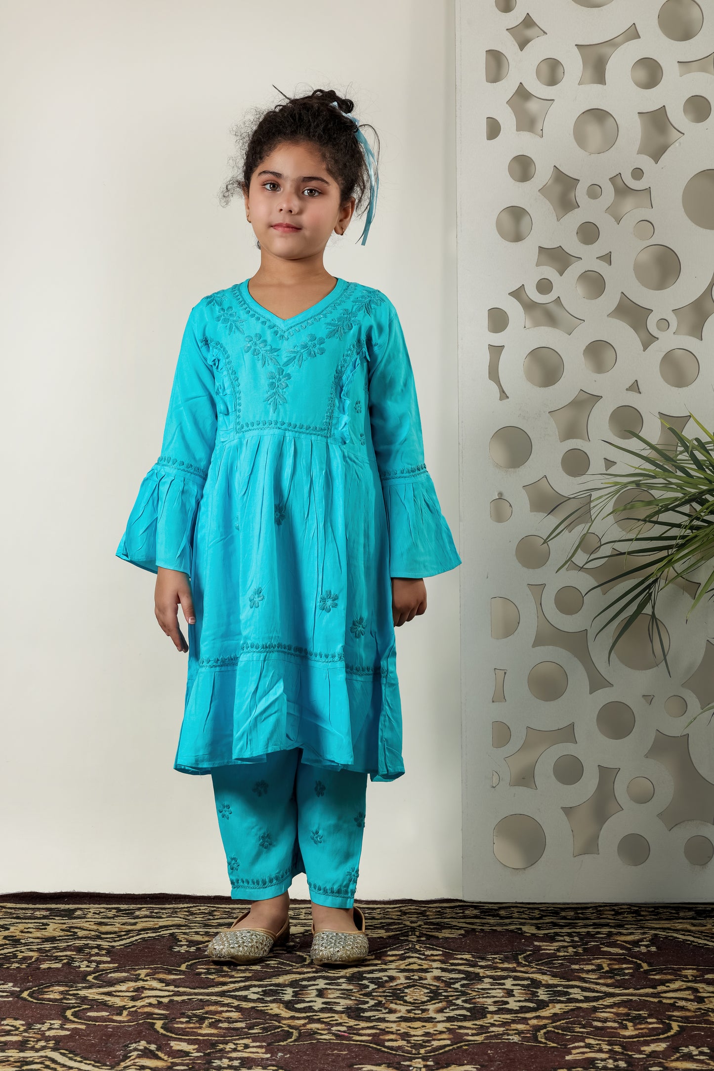 Little Fariya - Blue Chikankari Frill Style Frock Kidswear Set