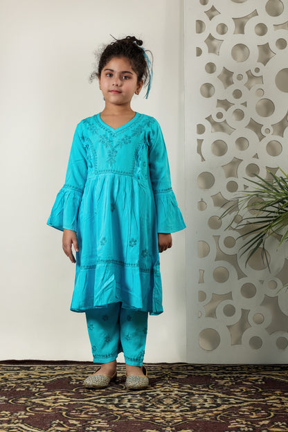Little Fariya - Blue Chikankari Frill Style Frock Kidswear Set - Famous Chikankari