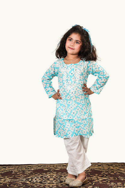 Little Noor – Blue Mulmul Chikankari Kidswear Set - Famous Chikankari