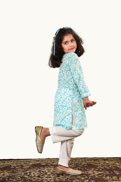 Little Noor – Blue Mulmul Chikankari Kidswear Set - Famous Chikankari