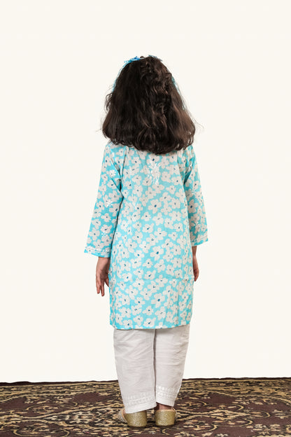 Little Noor – Blue Mulmul Chikankari Kidswear Set - Famous Chikankari