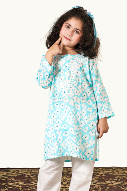 Little Noor – Blue Mulmul Chikankari Kidswear Set - Famous Chikankari