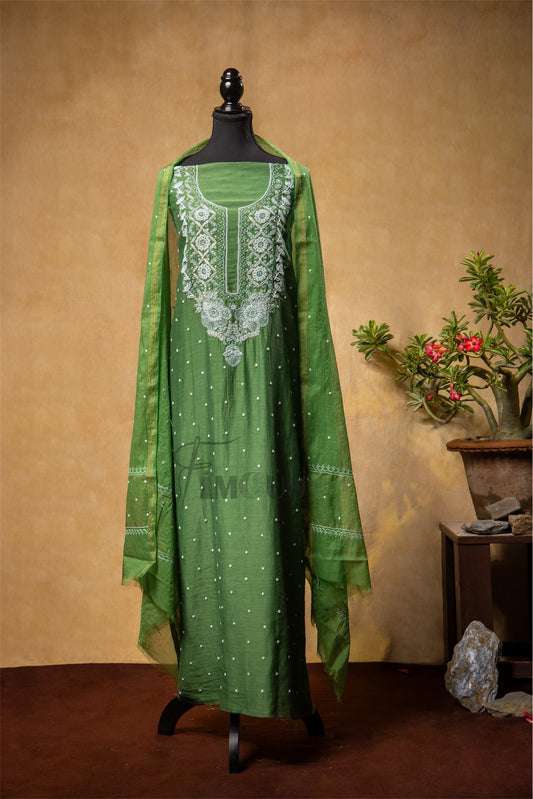 Zunaira Mul Chanderi – Unstitched Bottle Green Chikankari & Pearl Work Full Set