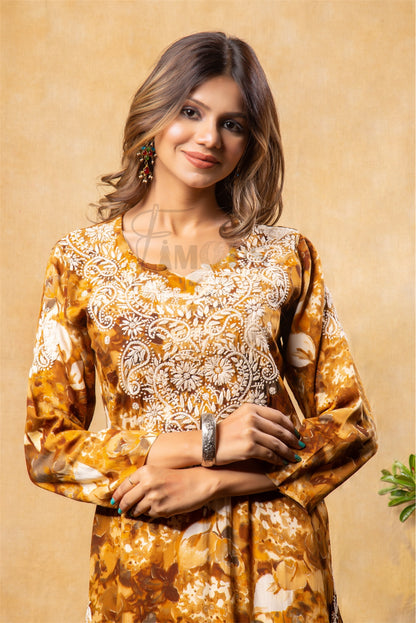 Queens Gold Print Chikankari Kurta with Beige Embroidery|Mustard