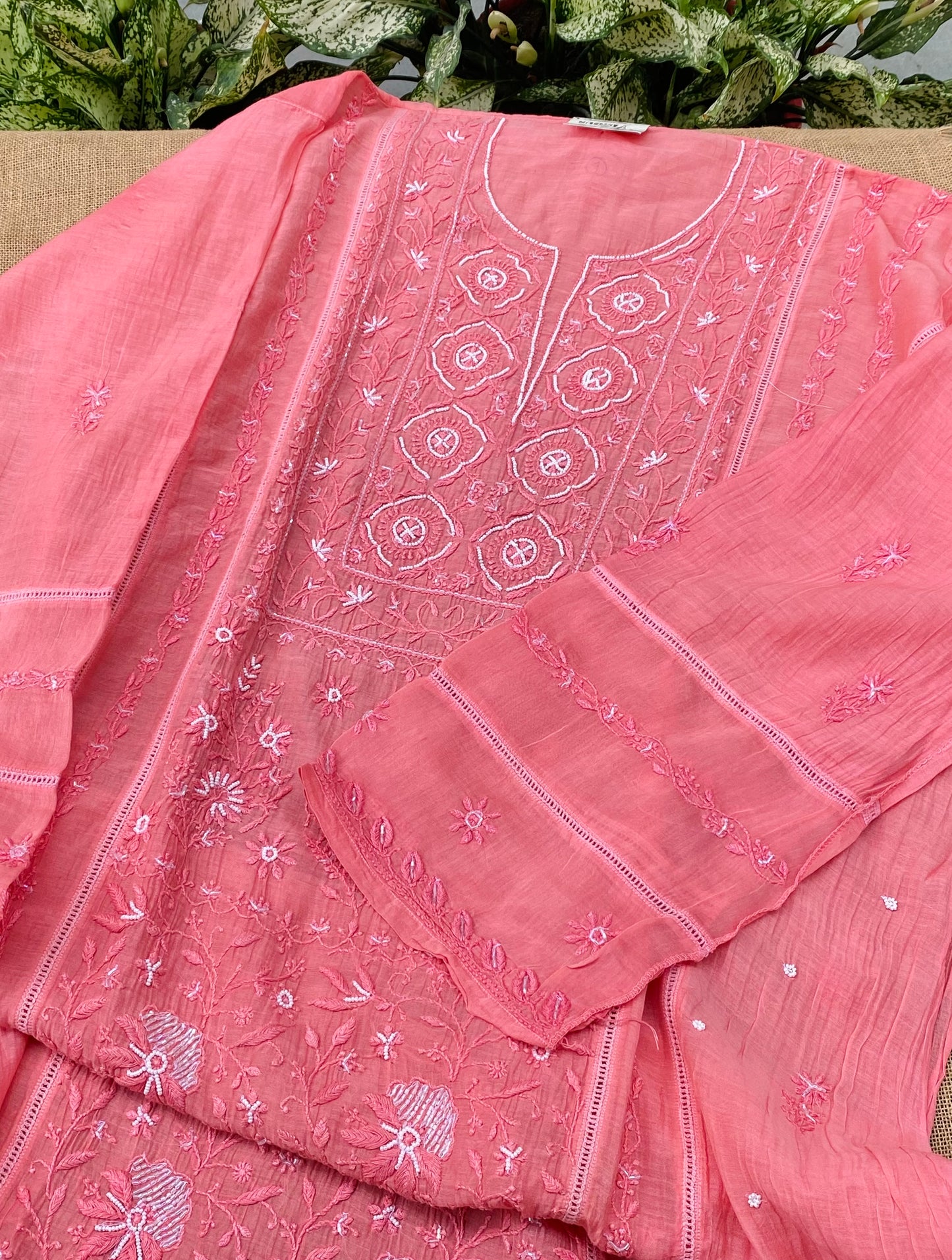 Jashn Handcrafted Chikankari Semi Stiched Kurta Dupatta Set | Peach