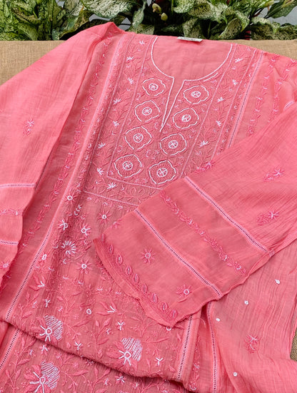 Jashn Handcrafted Chikankari Semi Stiched Kurta Dupatta Set | Peach - Famous Chikankari