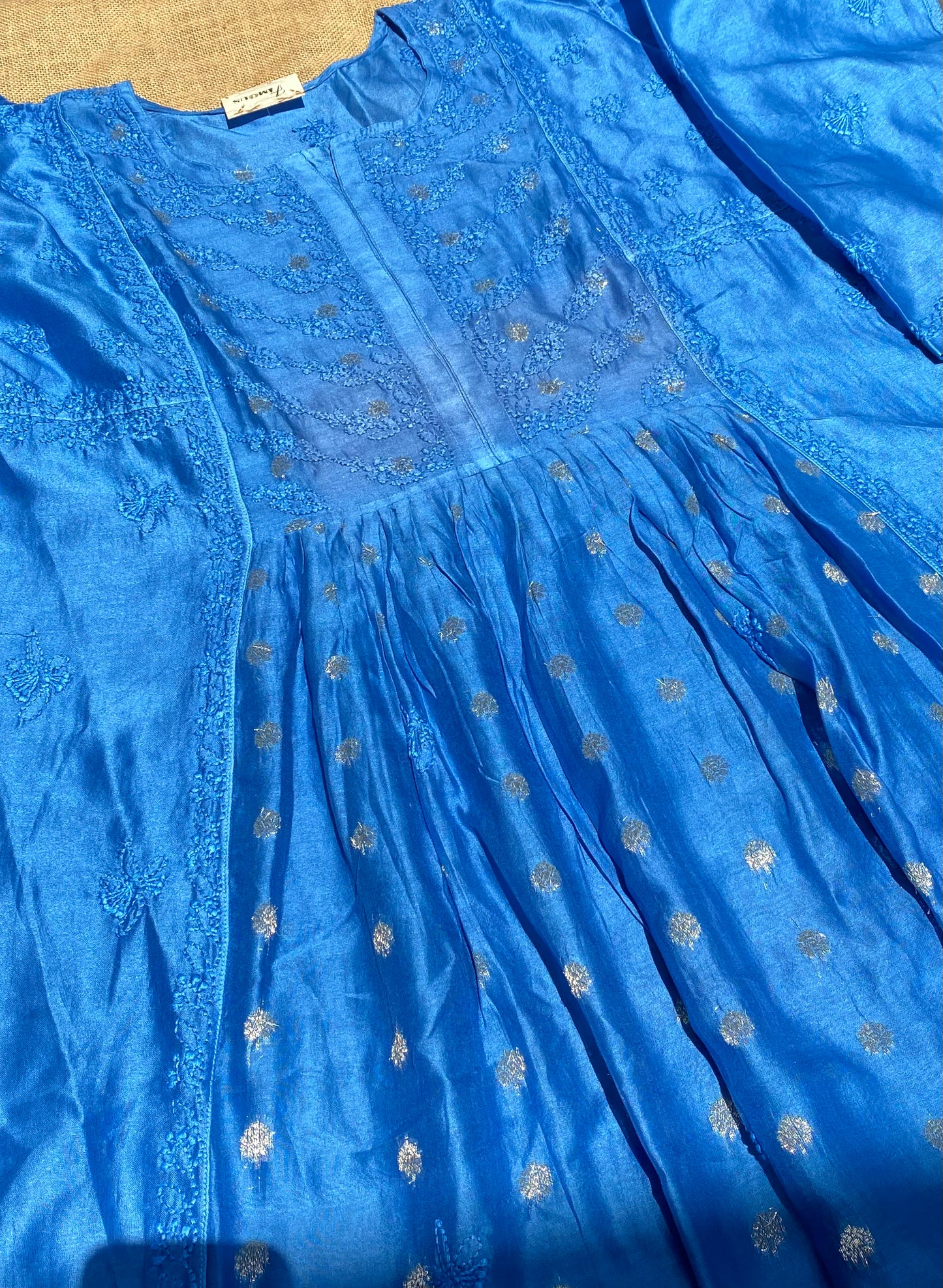 Sunehri – Mul Chanderi Blue Handcrafted Chikankari Gown Set