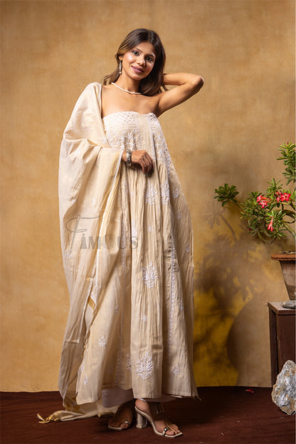 Zarmeen Gown | Tussar Chikankari and Mukaish Semi-Stitched Gown With Dupatta