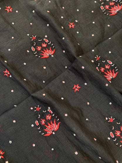 Black Mul Chanderi Chikankari Unstitched Dress Material - Famous Chikankari
