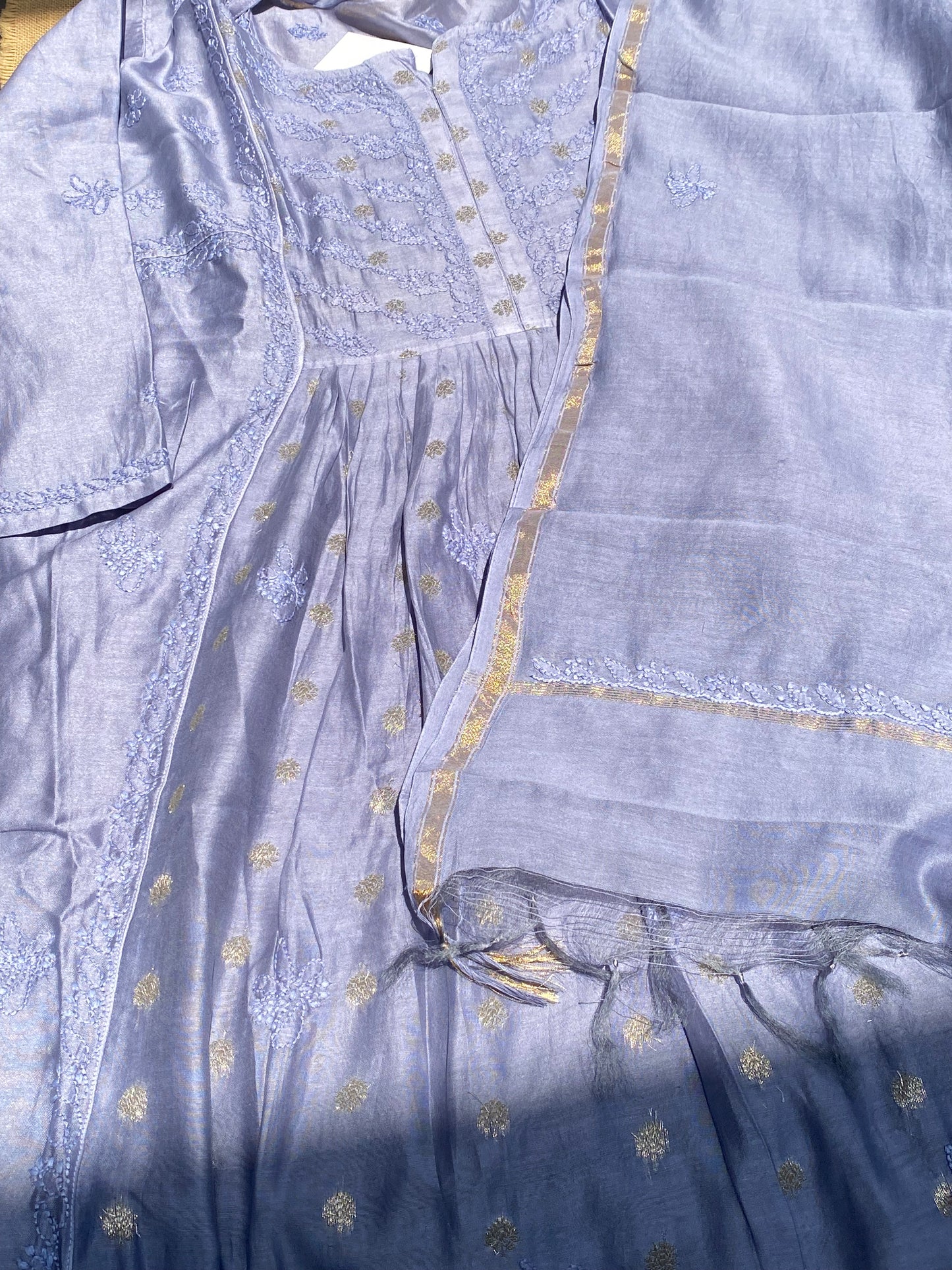 Sunehri – Mul Chanderi Grey Handcrafted Chikankari Gown Set