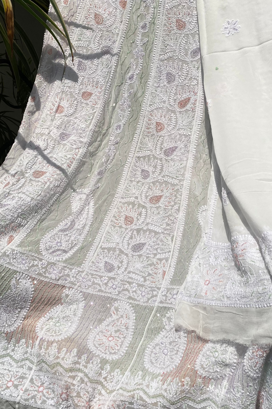 Noor e Mehfil - Pure Viscose Georgette Chikankari Anarkali And Dupatta Set - Famous Chikankari