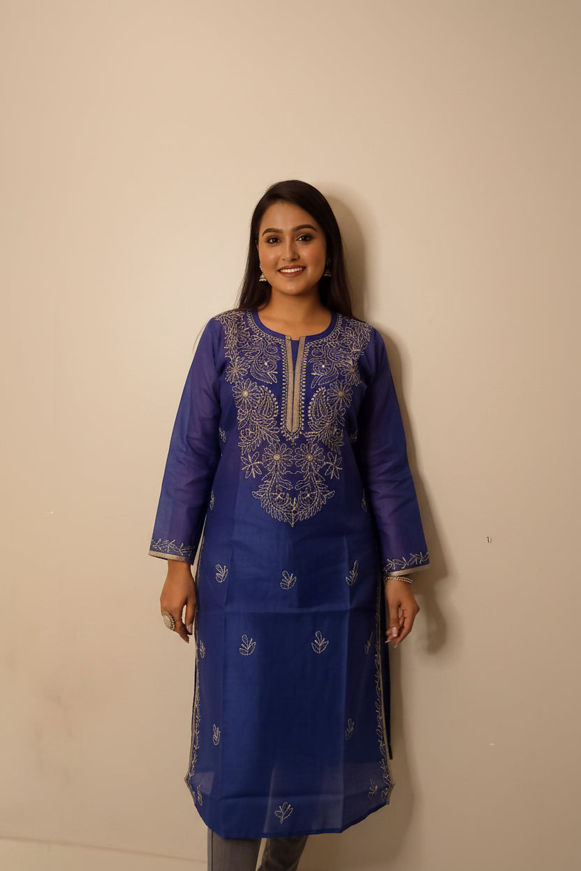 Navy Blue Chanderi Chikankari Long Kurti