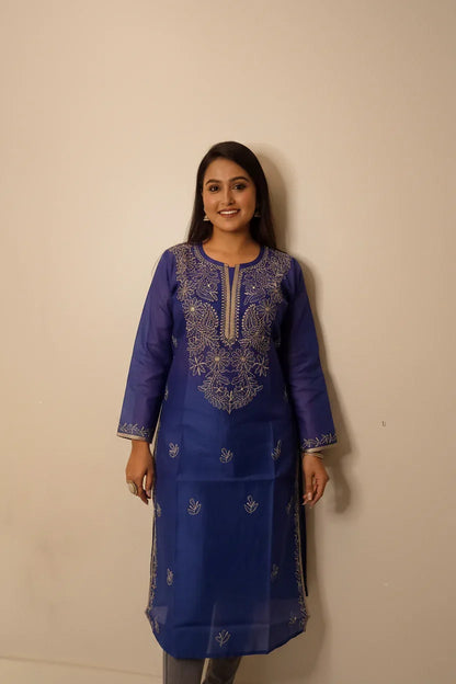 Navy Blue Chanderi Chikankari Long Kurti - Famous Chikankari