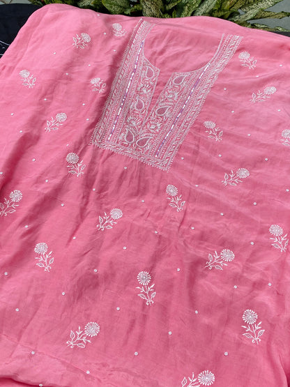 Mahjabeen (ماہ جبیں) Muslin Chikankari Unstiched Kurta Dupatta | Carrot Pink - Famous Chikankari