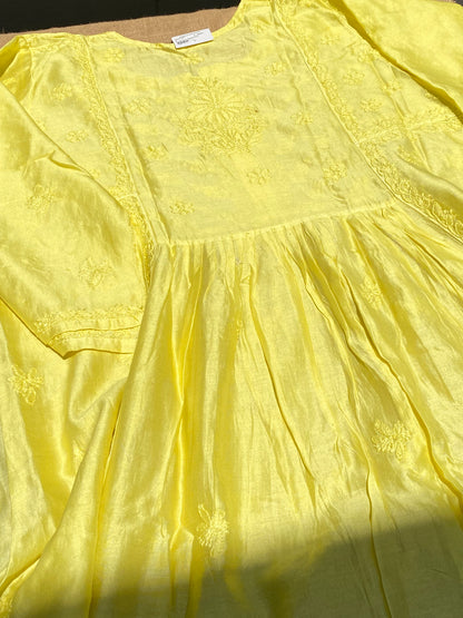 Sunehri – Mul Chanderi Yellow Handcrafted Chikankari Gown Set - Famous Chikankari