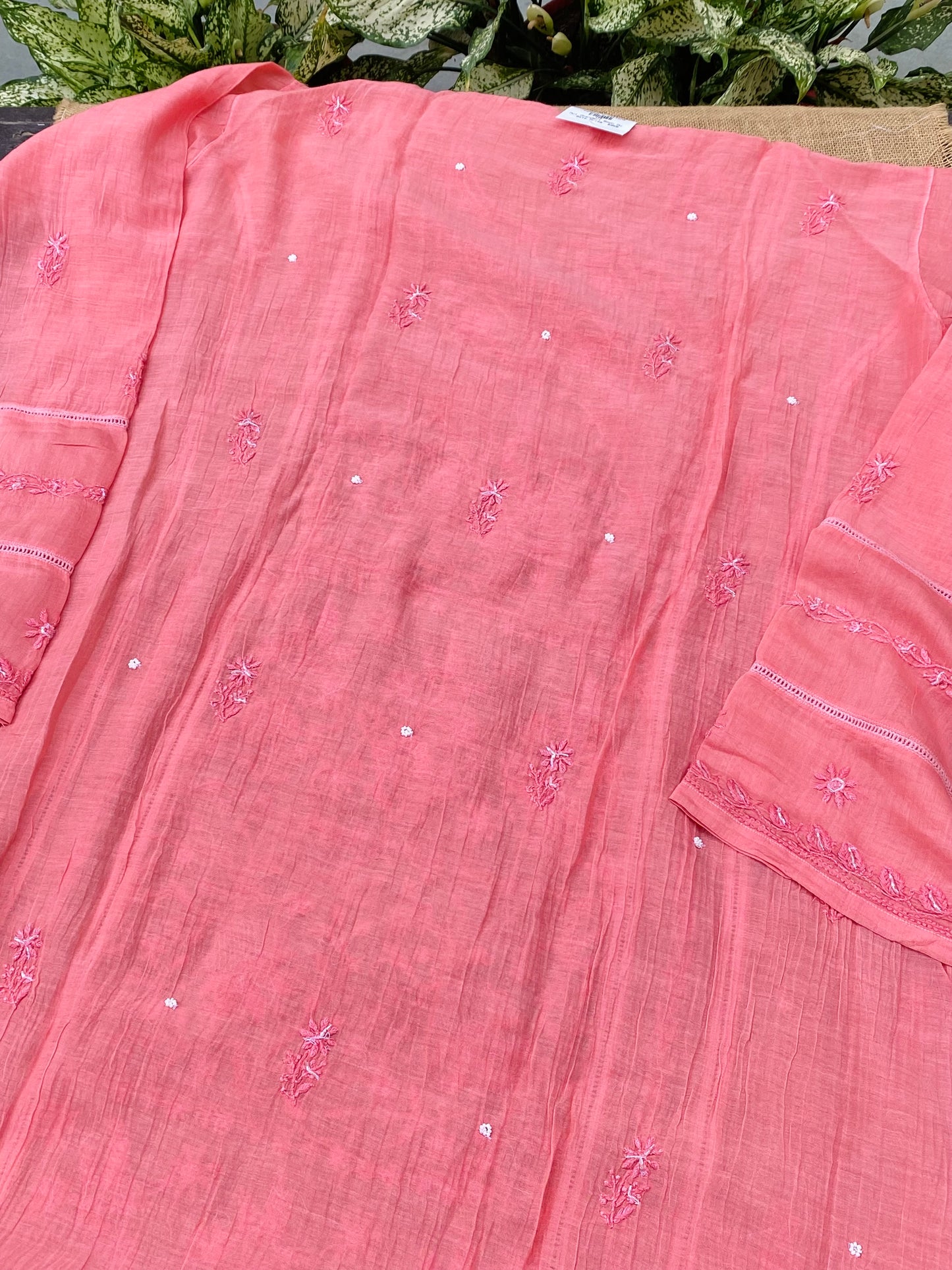 Jashn Handcrafted Chikankari Semi Stiched Kurta Dupatta Set | Peach