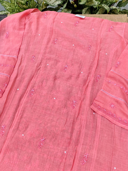 Jashn Handcrafted Chikankari Semi Stiched Kurta Dupatta Set | Peach - Famous Chikankari