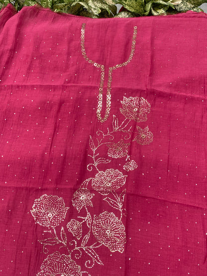 Roohani –  Magenta Pink Handcrafted Unstitched Mukaish Kurta Dupatta Set