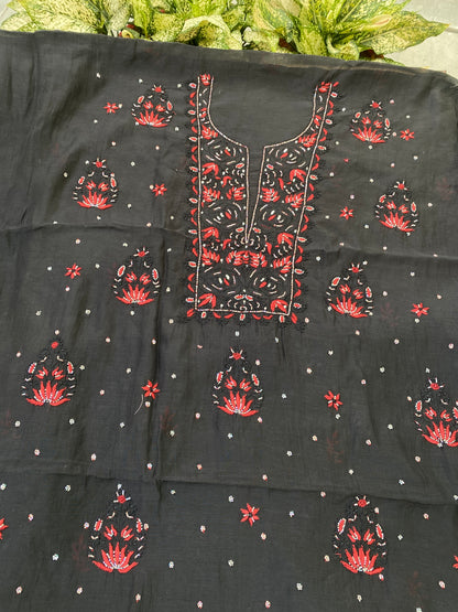 Black Mul Chanderi Chikankari Unstitched Dress Material - Famous Chikankari