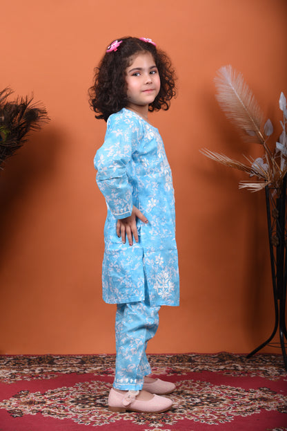 Little Angel's Dream: Blue Mulmul Chikankari Kids Dress