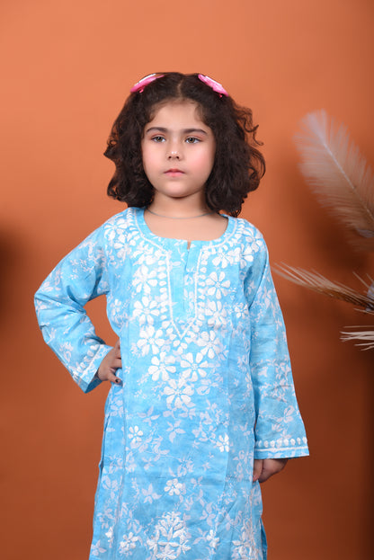 Little Angel's Dream: Blue Mulmul Chikankari Kids Dress