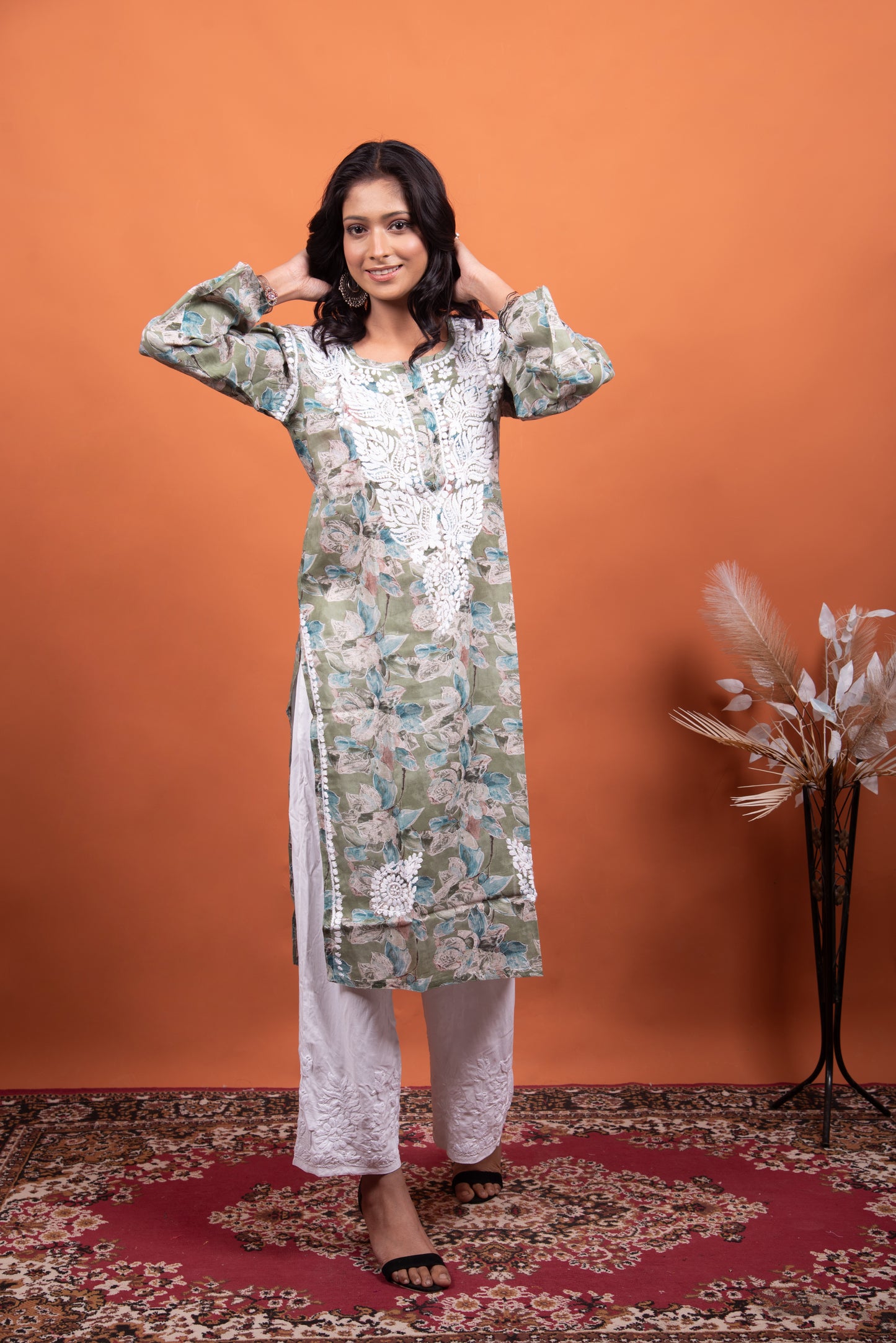 Suhana Chikankari Long Kurti in Olive Green Mulmul Cotton