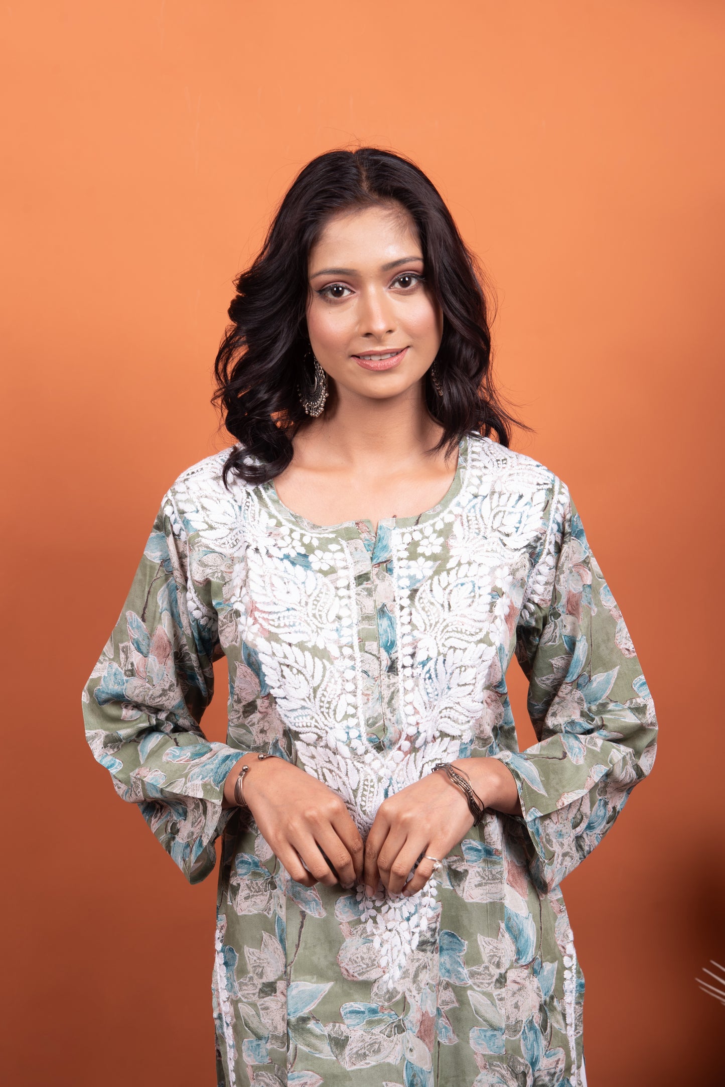 Suhana Chikankari Long Kurti in Olive Green Mulmul Cotton