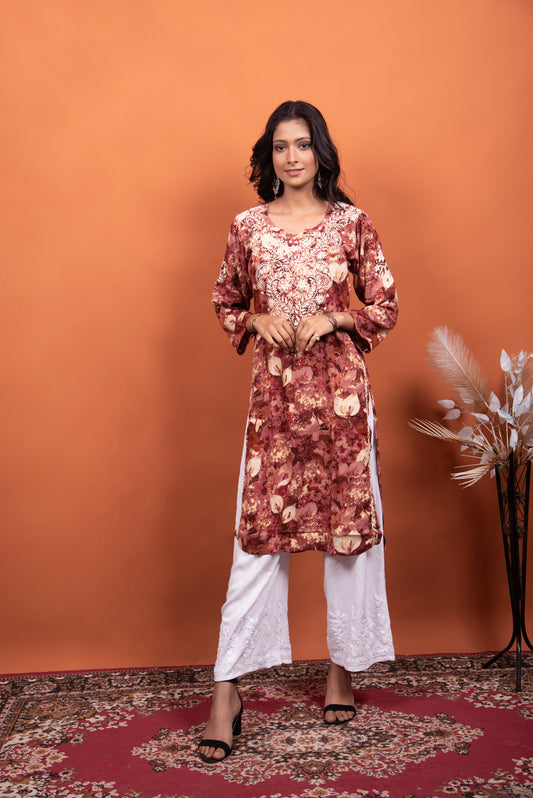 Queens Gold Print Chikankari Kurta with Beige Embroidery|Rusty Pink